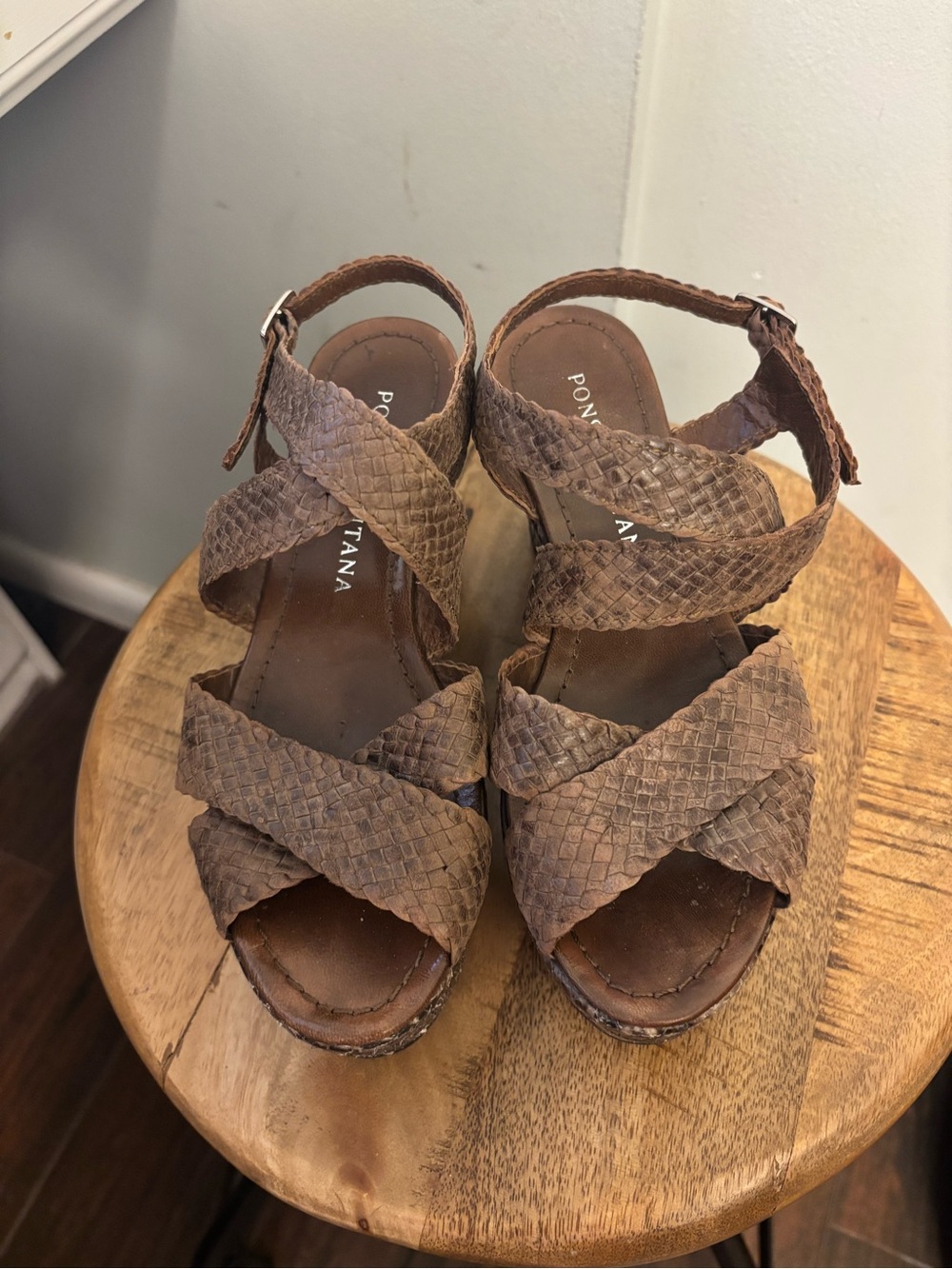 Pons Quintana Tan Woven Leather Crisscross Wedge Sandals 37